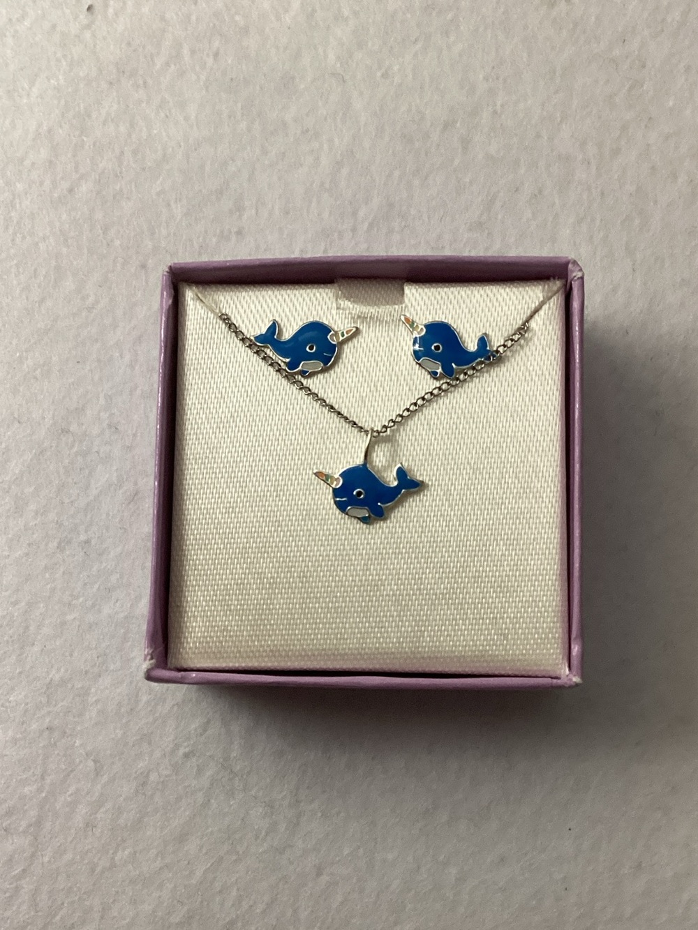 Kids PB Sterling Silver Metal Tower Narwhal Necklace and Earring Set
